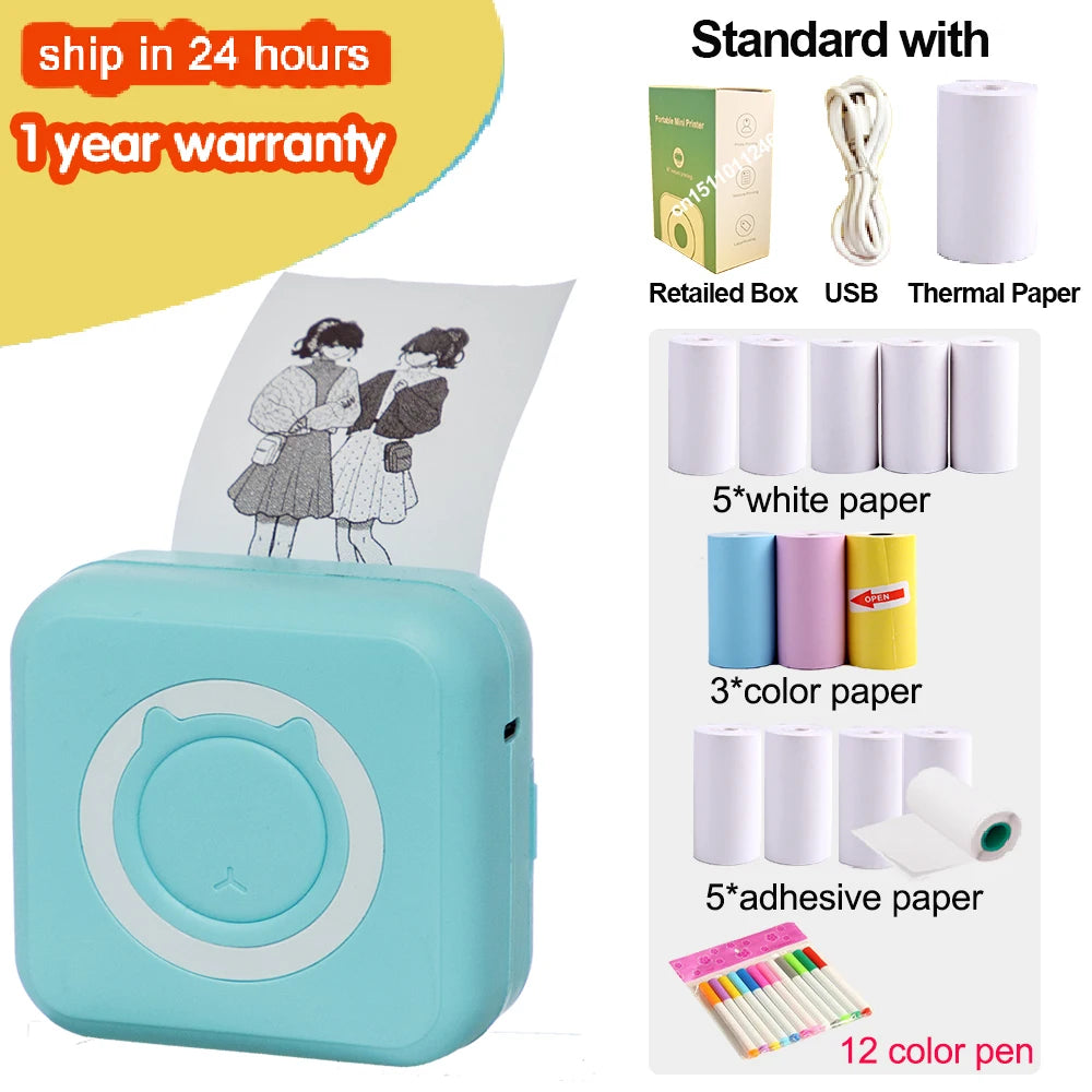 Mini Portable Thermal Printer – Wireless Bluetooth & USB, 203dpi for Labels, Photos, and Receipts
