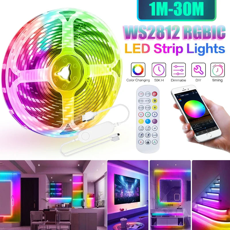 Tuya Smart WIFI RGBIC LED Strip Light Tape Addressable WS2811 IC Flexible RGB Neon LED Light USB APP Control for Alexa Google